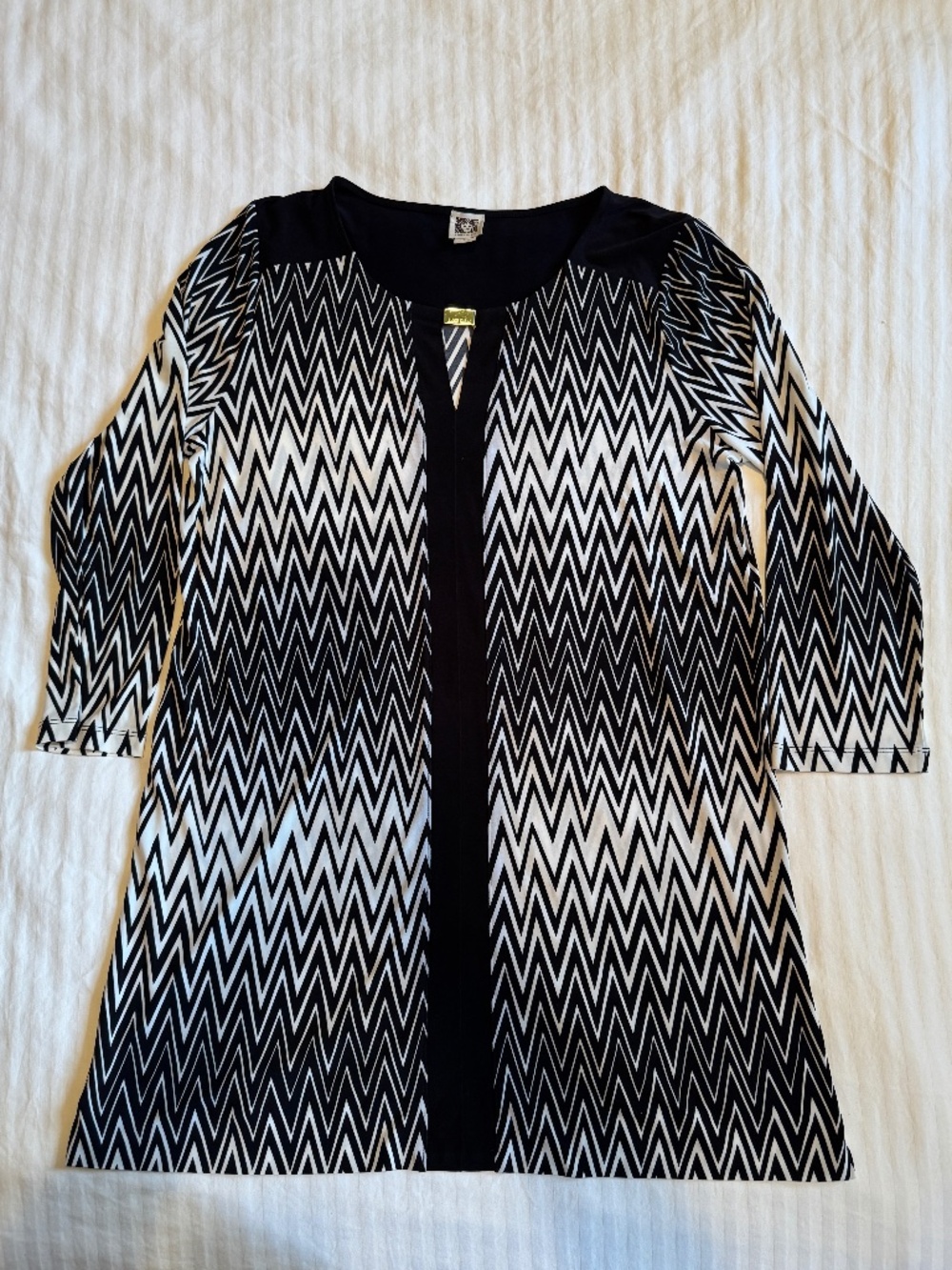 Anne Klein Black & White Chevron Tunic Short Dress 3/4 Sleeve